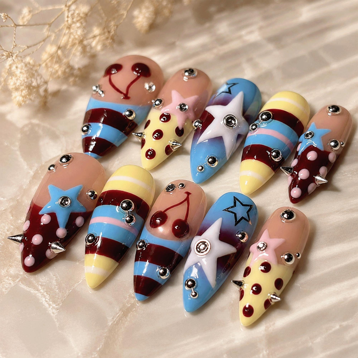 Retro Polka Dot Press On Nails, Kawaii Star Nail Art, Handmade Funky Striped Nails
