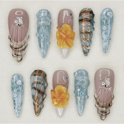 Summer Ocean Press On Nails, Jellyfish Nails, Blue Beach Nails, 3D Hibiscus Flower Nails, Handmade Reusable Nails
