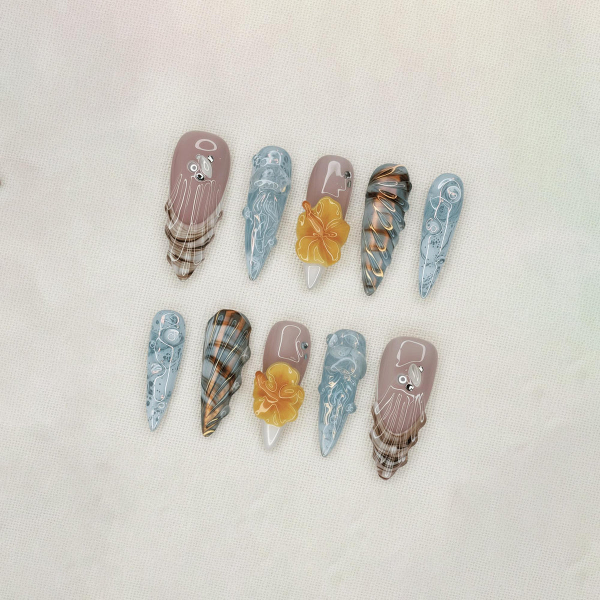 Summer Ocean Press On Nails, Jellyfish Nails, Blue Beach Nails, 3D Hibiscus Flower Nails, Handmade Reusable Nails