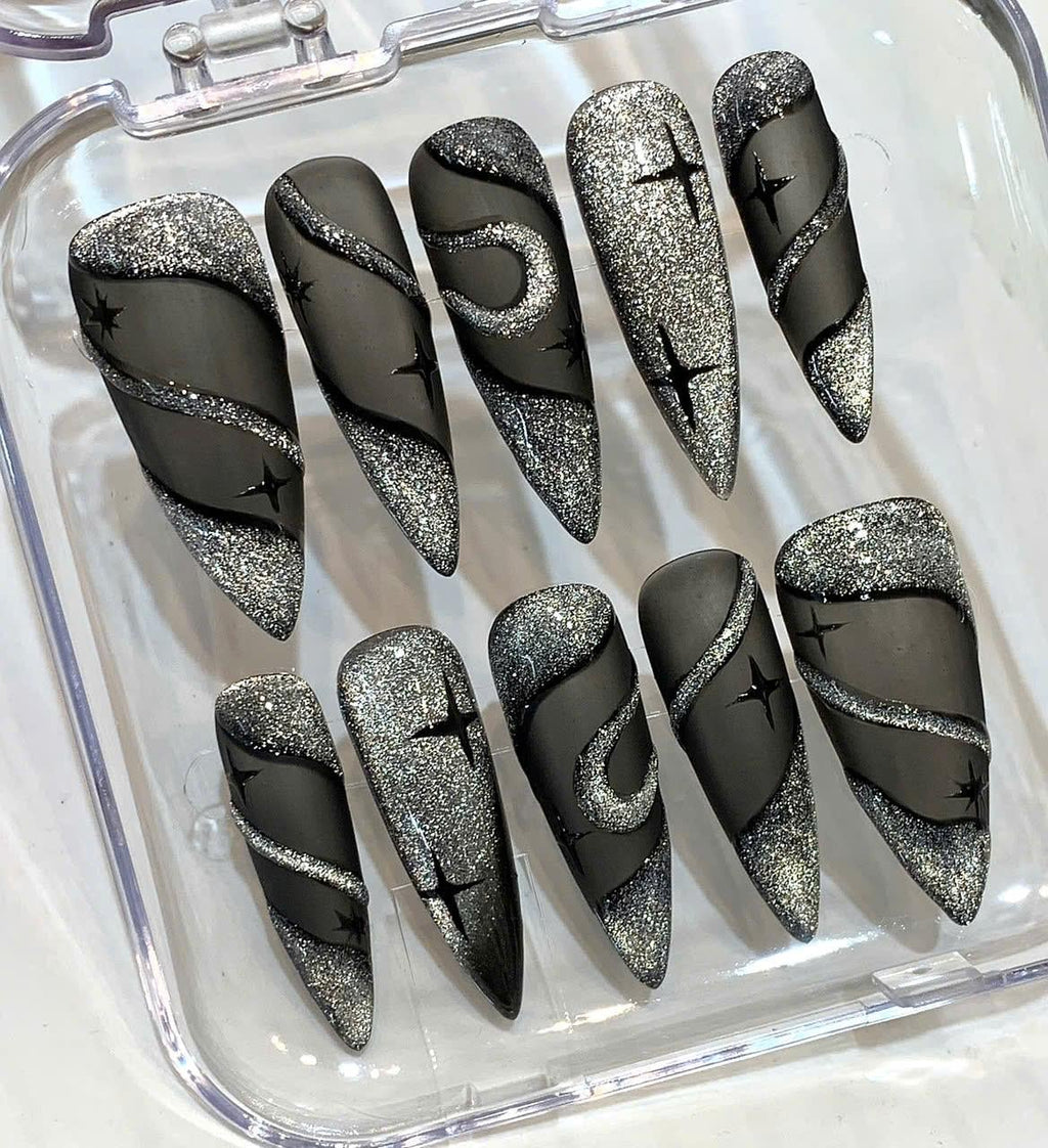 Black Glitter Stiletto Press On Nails: Moon & Star Nail Art
