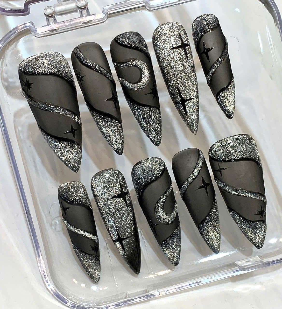 Black Glitter Stiletto Press On Nails: Moon & Star Nail Art