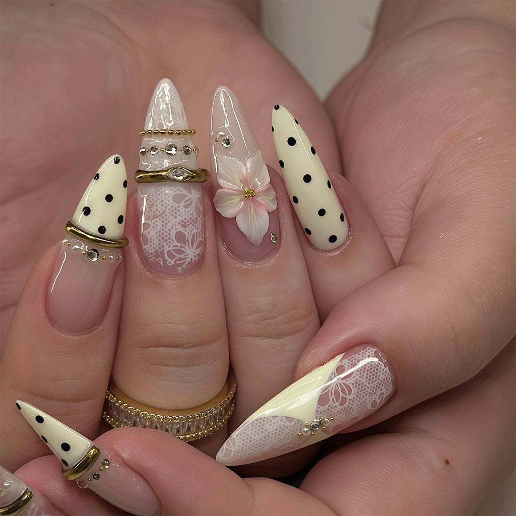 Elegant Bridal Press On Nails, White Lace Nails, 3D Floral Prom Nails, Feminine Polka Dot Nail Set, Handmade Reusable Nails