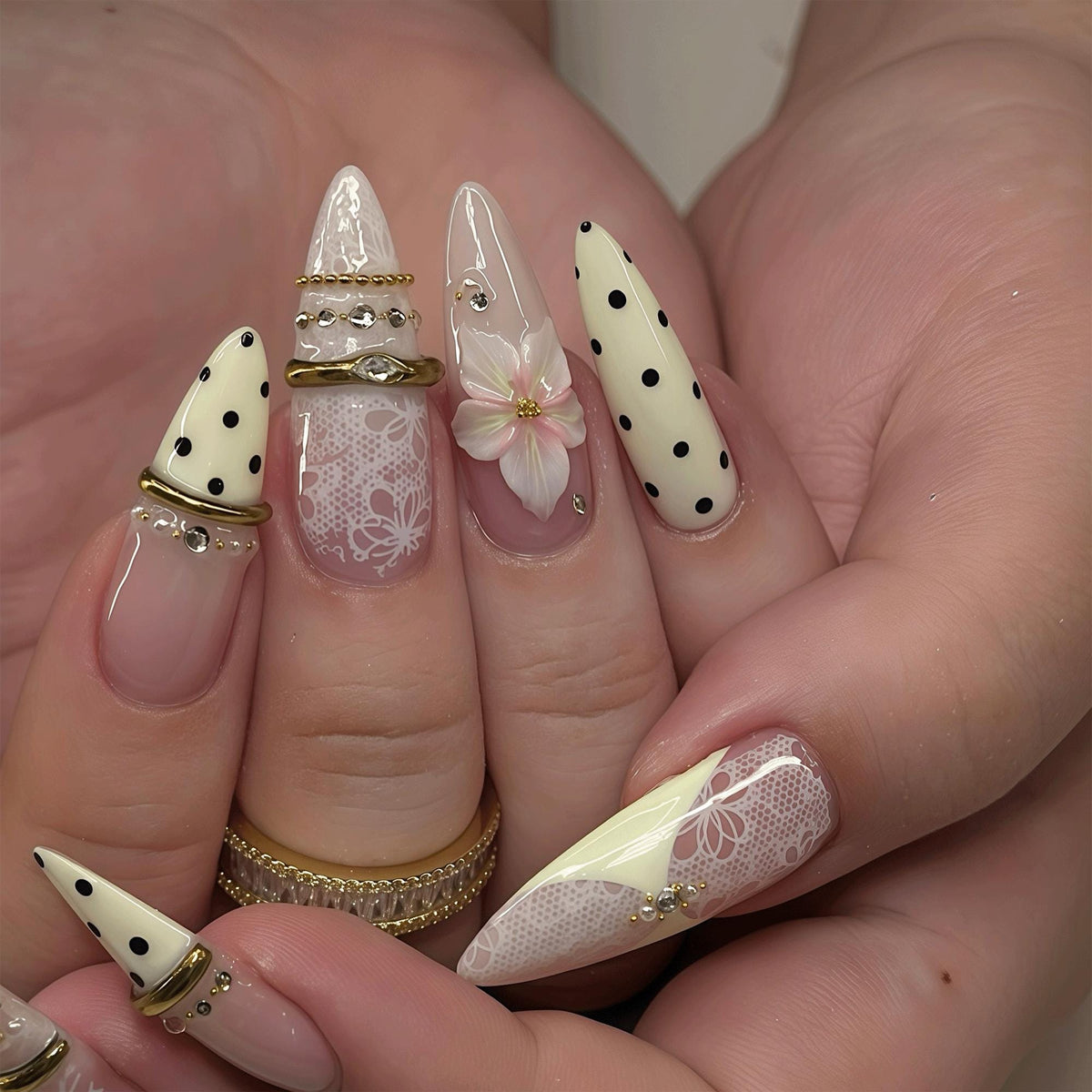 Elegant Bridal Press On Nails, White Lace Nails, 3D Floral Prom Nails, Feminine Polka Dot Nail Set, Handmade Reusable Nails