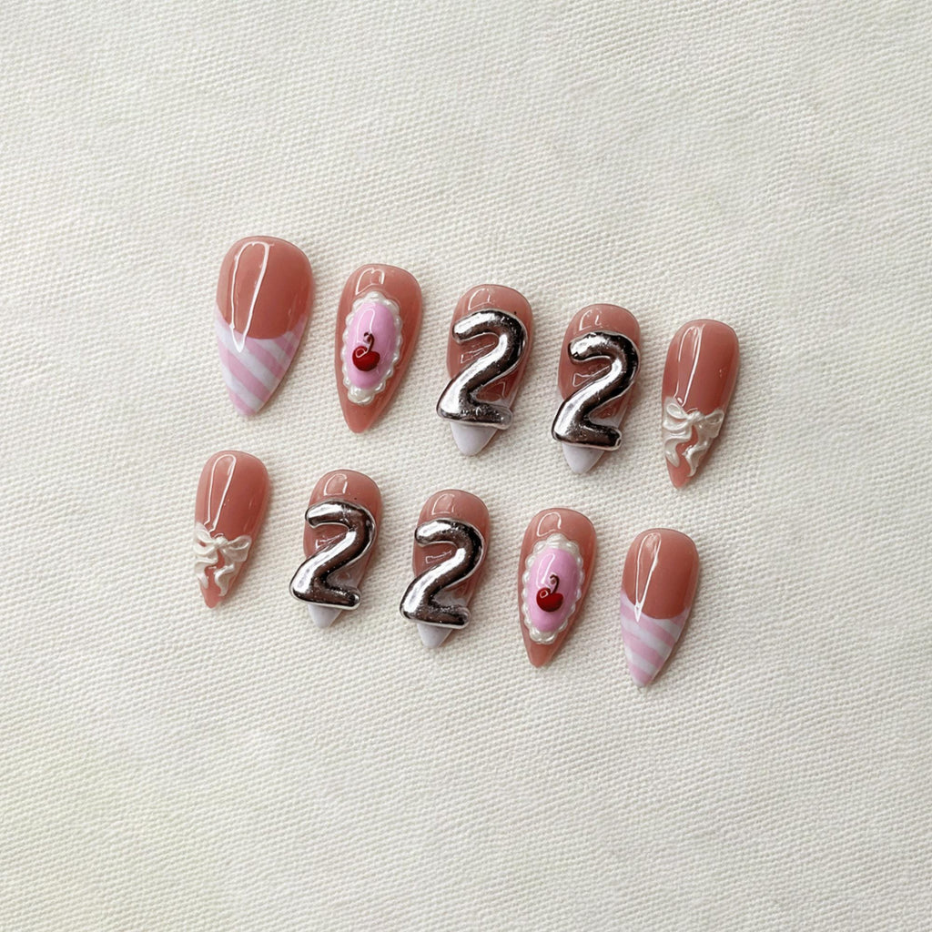 Pink Birthday Press On Nails, 3D Coquette Bow Nail Art, Handmade Reusable Nails, Custom 22nd Birthday Nail Set