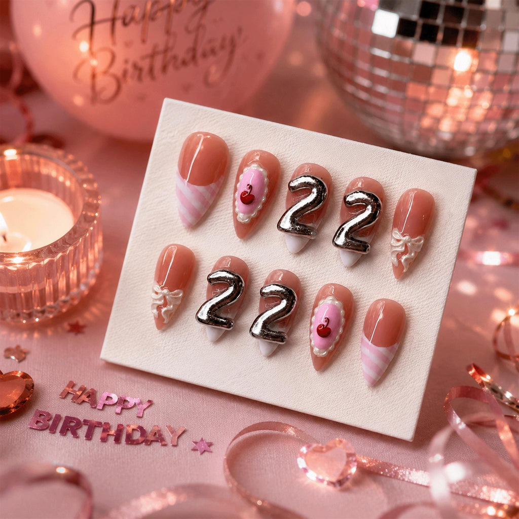 Pink Birthday Press On Nails, 3D Coquette Bow Nail Art, Handmade Reusable Nails, Custom 22nd Birthday Nail Set