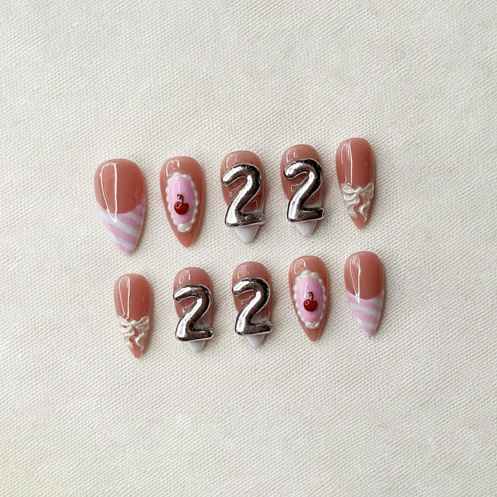 Pink Birthday Press On Nails, 3D Coquette Bow Nail Art, Handmade Reusable Nails, Custom 22nd Birthday Nail Set