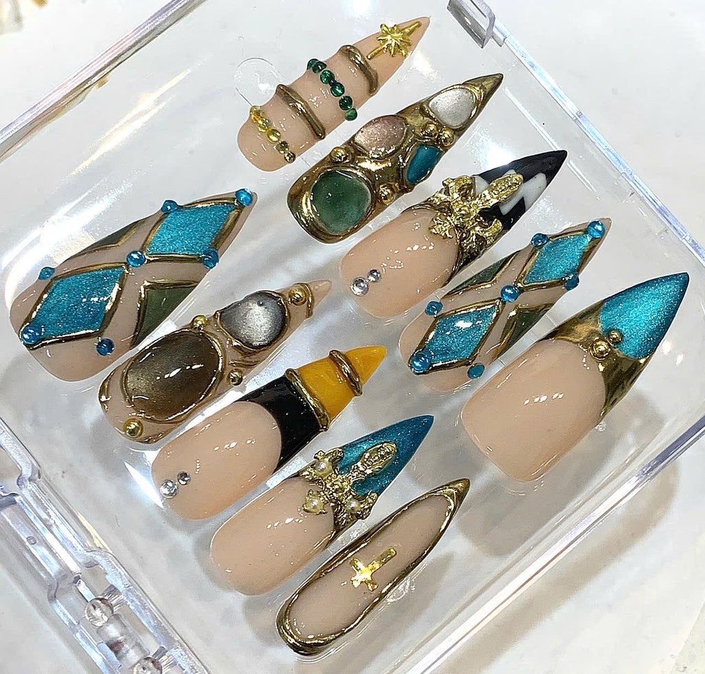 Turquoise Gold Cross Charm Stiletto Press On Nails, Y2K Glam Chrome Set