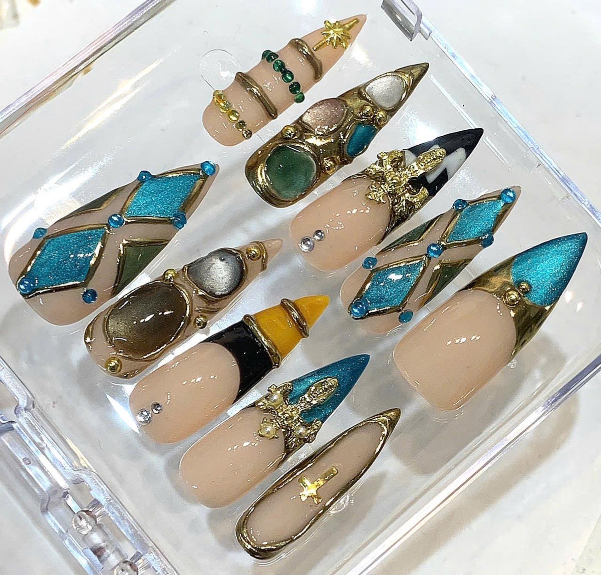 Turquoise Gold Cross Charm Stiletto Press On Nails, Y2K Glam Chrome Set