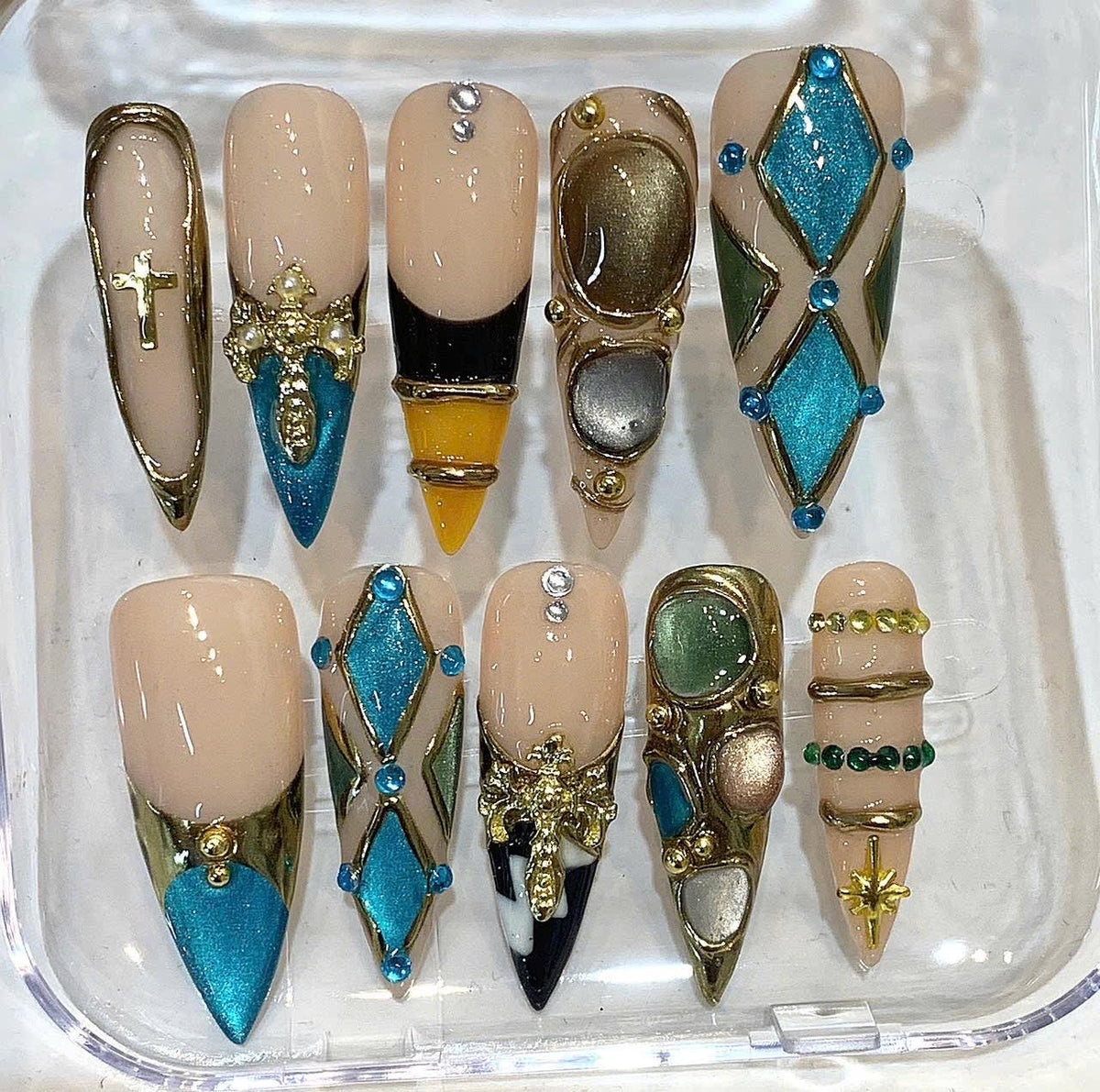 Turquoise Gold Cross Charm Stiletto Press On Nails, Y2K Glam Chrome Set