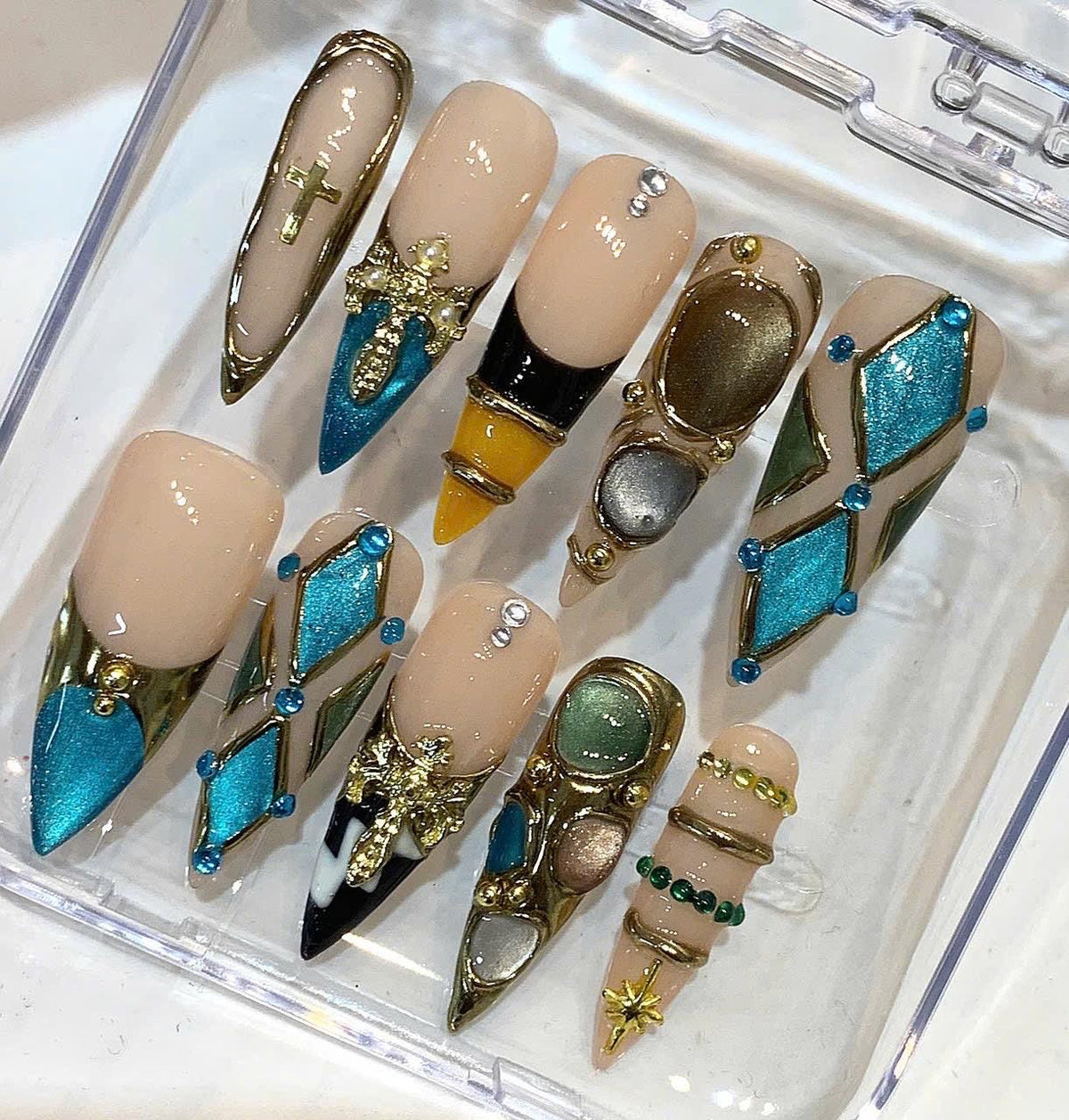 Turquoise Gold Cross Charm Stiletto Press On Nails, Y2K Glam Chrome Set