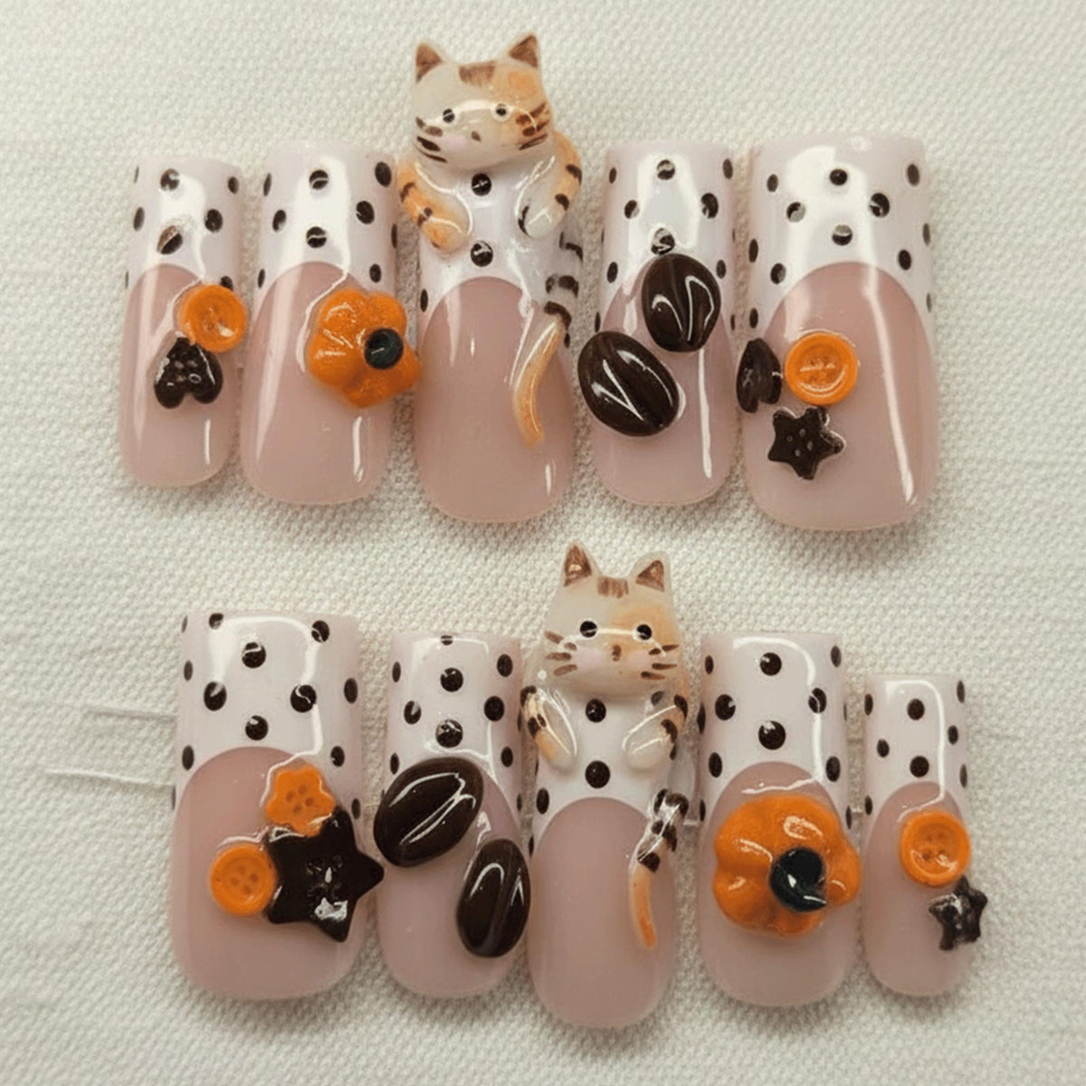 Kawaii Cat Press On Nails, 3D Orange Kitty Nails, Cute Animal Nail Set, Polka Dot Nails, Handmade Gel Nails