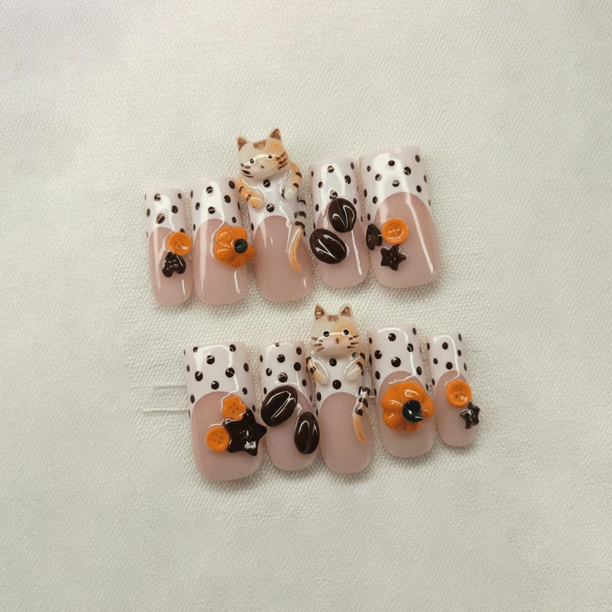 Kawaii Cat Press On Nails, 3D Orange Kitty Nails, Cute Animal Nail Set, Polka Dot Nails, Handmade Gel Nails