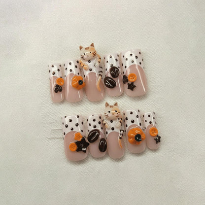Kawaii Cat Press On Nails, 3D Orange Kitty Nails, Cute Animal Nail Set, Polka Dot Nails, Handmade Gel Nails