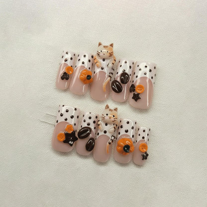 Kawaii Cat Press On Nails, 3D Orange Kitty Nails, Cute Animal Nail Set, Polka Dot Nails, Handmade Gel Nails
