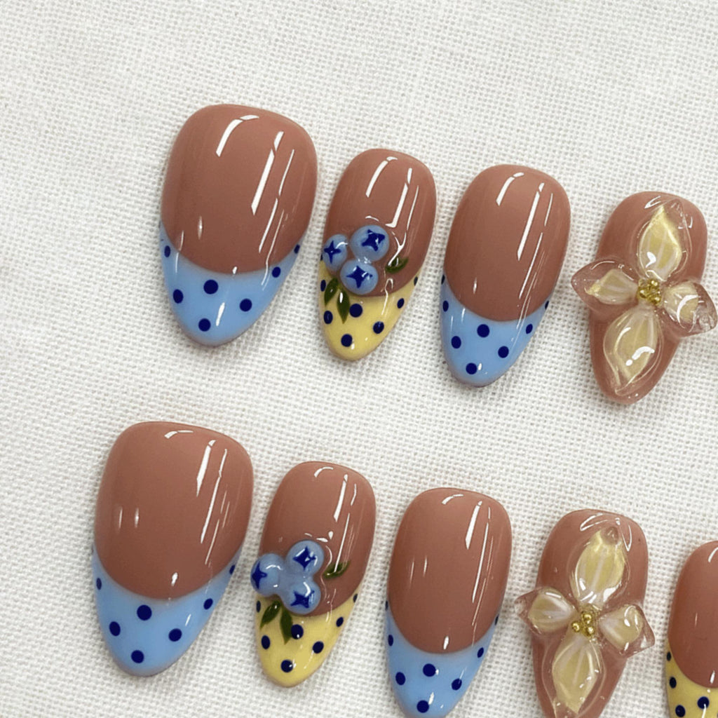 Floral Summer Press On Nails, Blue Polka Dot Nails, 3D Flower Nail Art, Cute Beach Vacation Nails, Handmade Reusable Nail Set