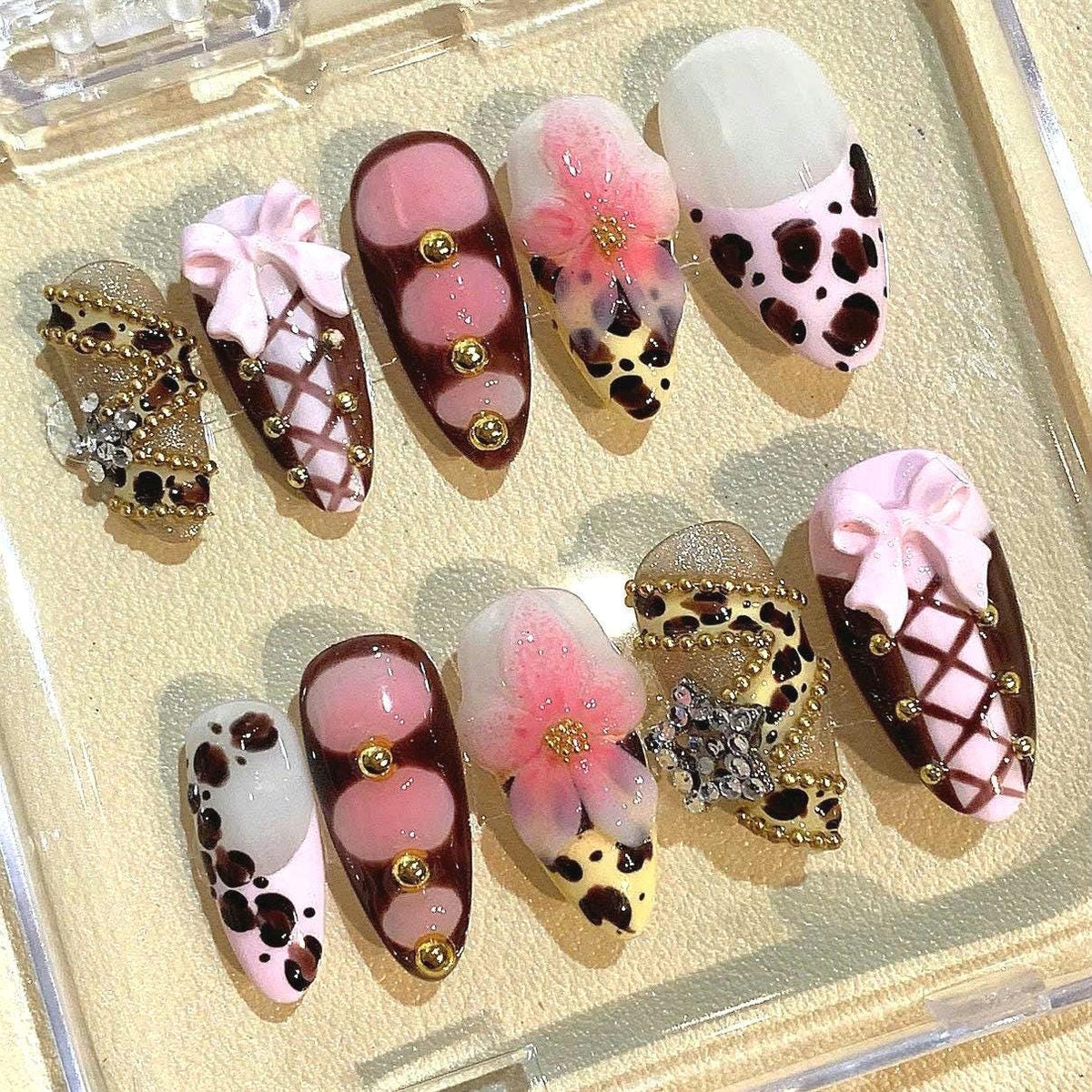 Pink Leopard Press On Nails: 3D Bow, Flower & Rhinestone Nail Art
