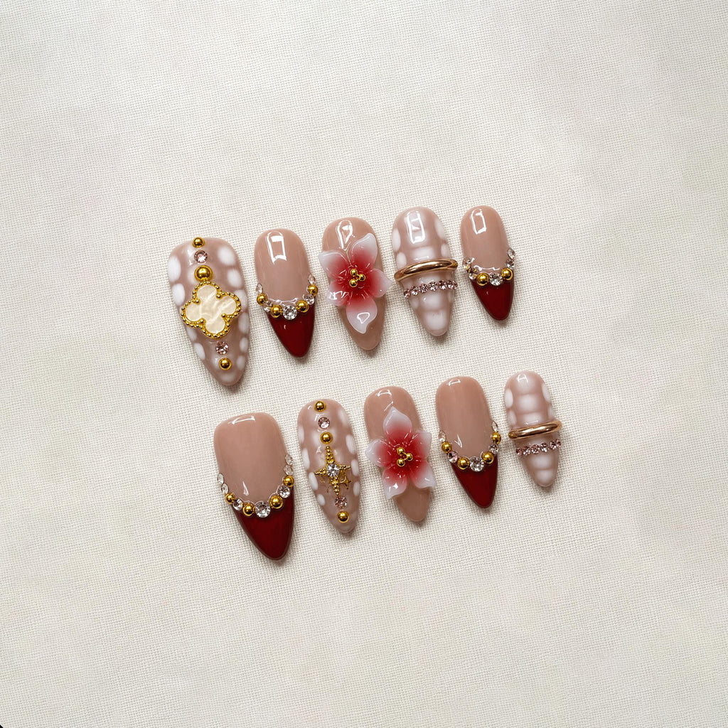 Burgundy Bridal Press On Nails, 3D Flower Nails, Red French Tip Nails, Luxury Wedding Nails, Elegant Handmade Nail Set