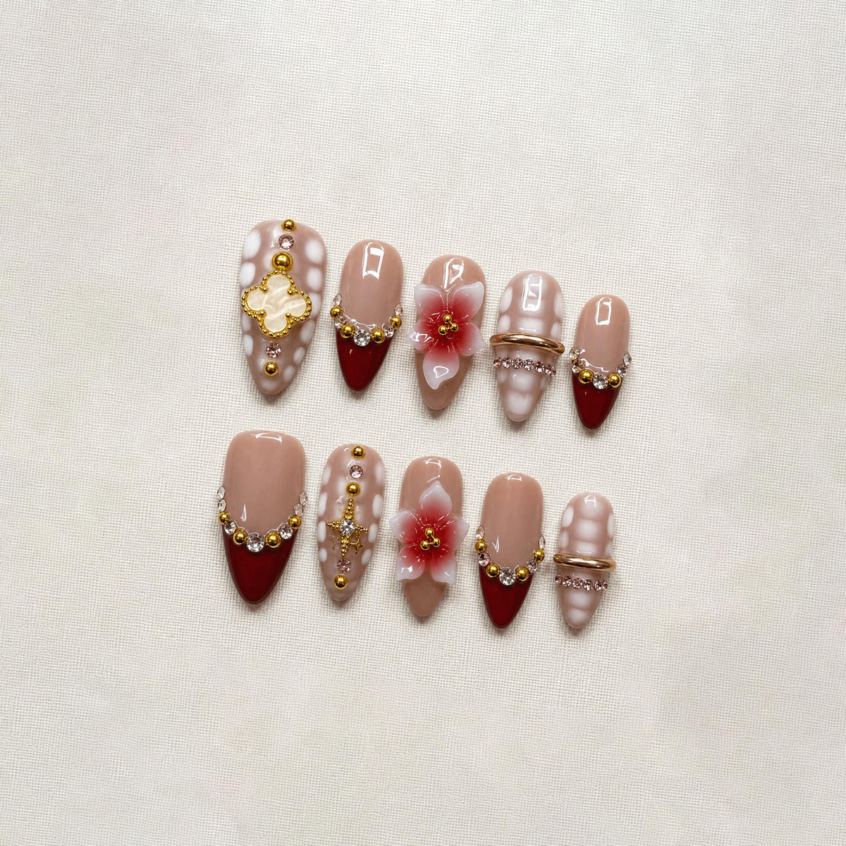 Burgundy Bridal Press On Nails, 3D Flower Nails, Red French Tip Nails, Luxury Wedding Nails, Elegant Handmade Nail Set