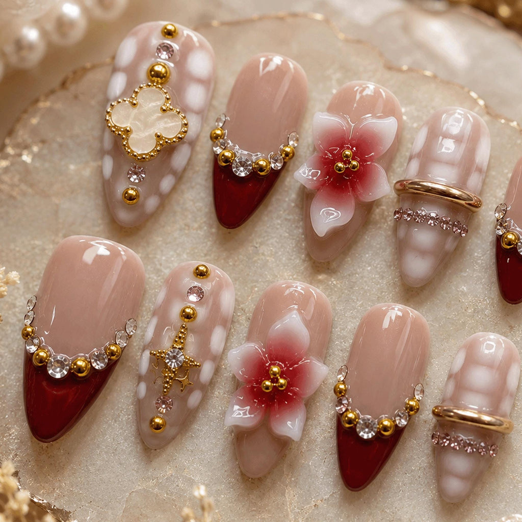 Burgundy Bridal Press On Nails, 3D Flower Nails, Red French Tip Nails, Luxury Wedding Nails, Elegant Handmade Nail Set