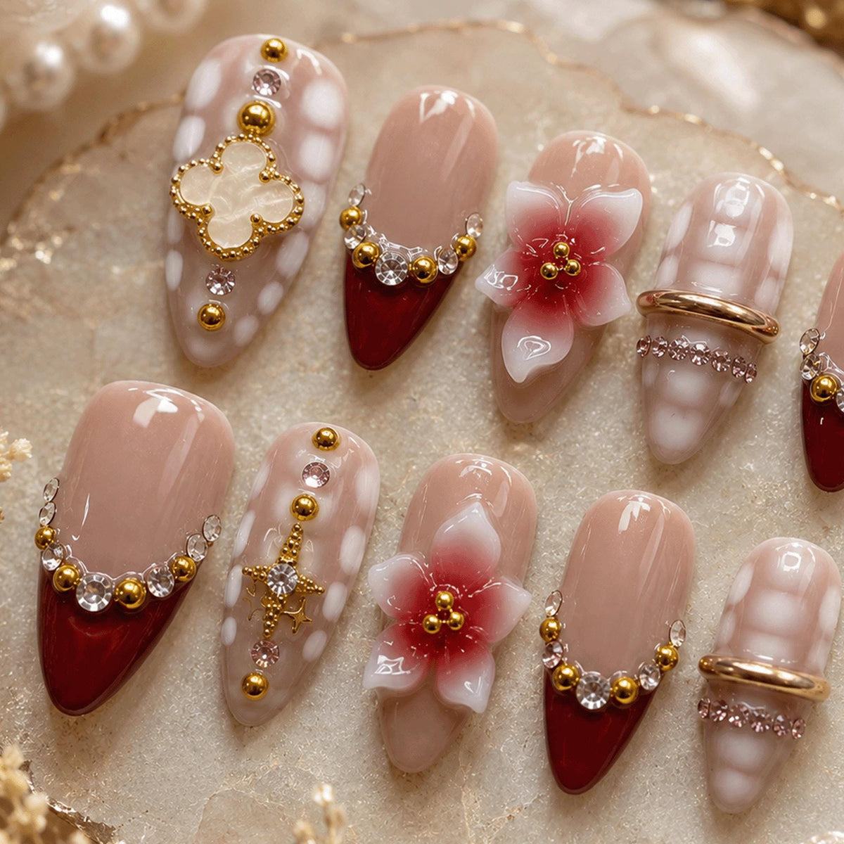 Burgundy Bridal Press On Nails, 3D Flower Nails, Red French Tip Nails, Luxury Wedding Nails, Elegant Handmade Nail Set