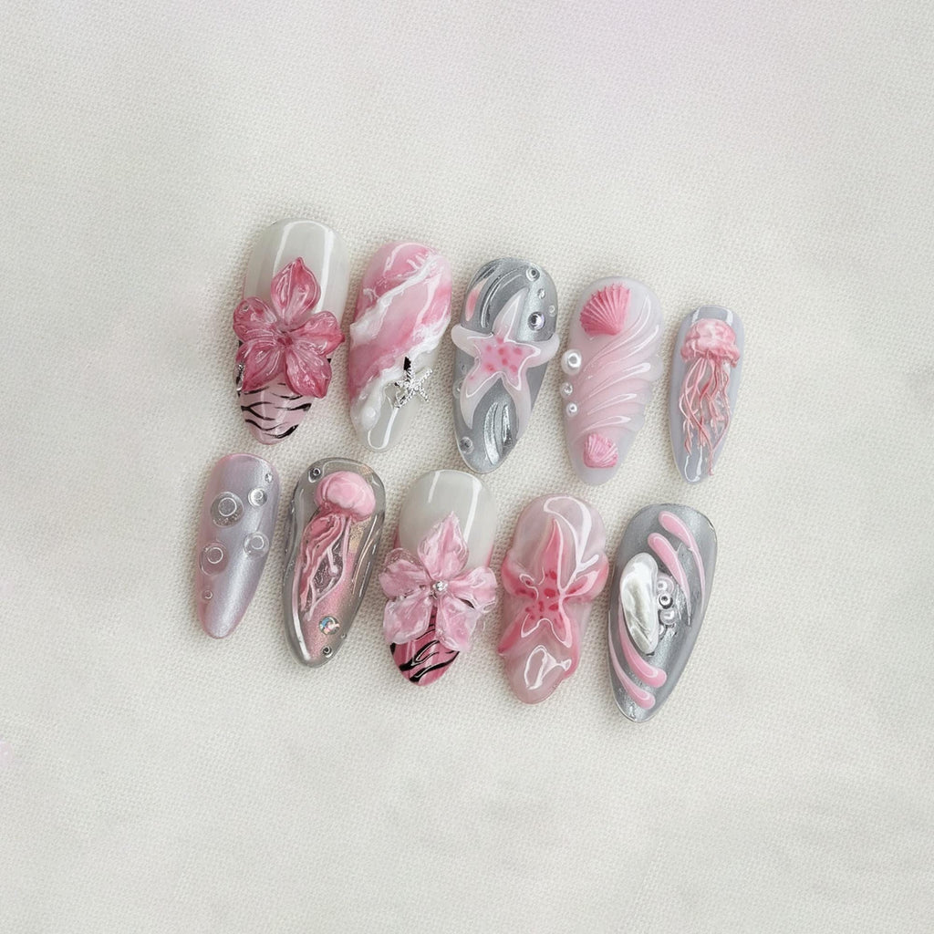 Kawaii Mermaid Summer Press On Nails, Pink Sea Creature Nails, 3D Jellyfish Gel Nails, Beach Vacation Press Ons