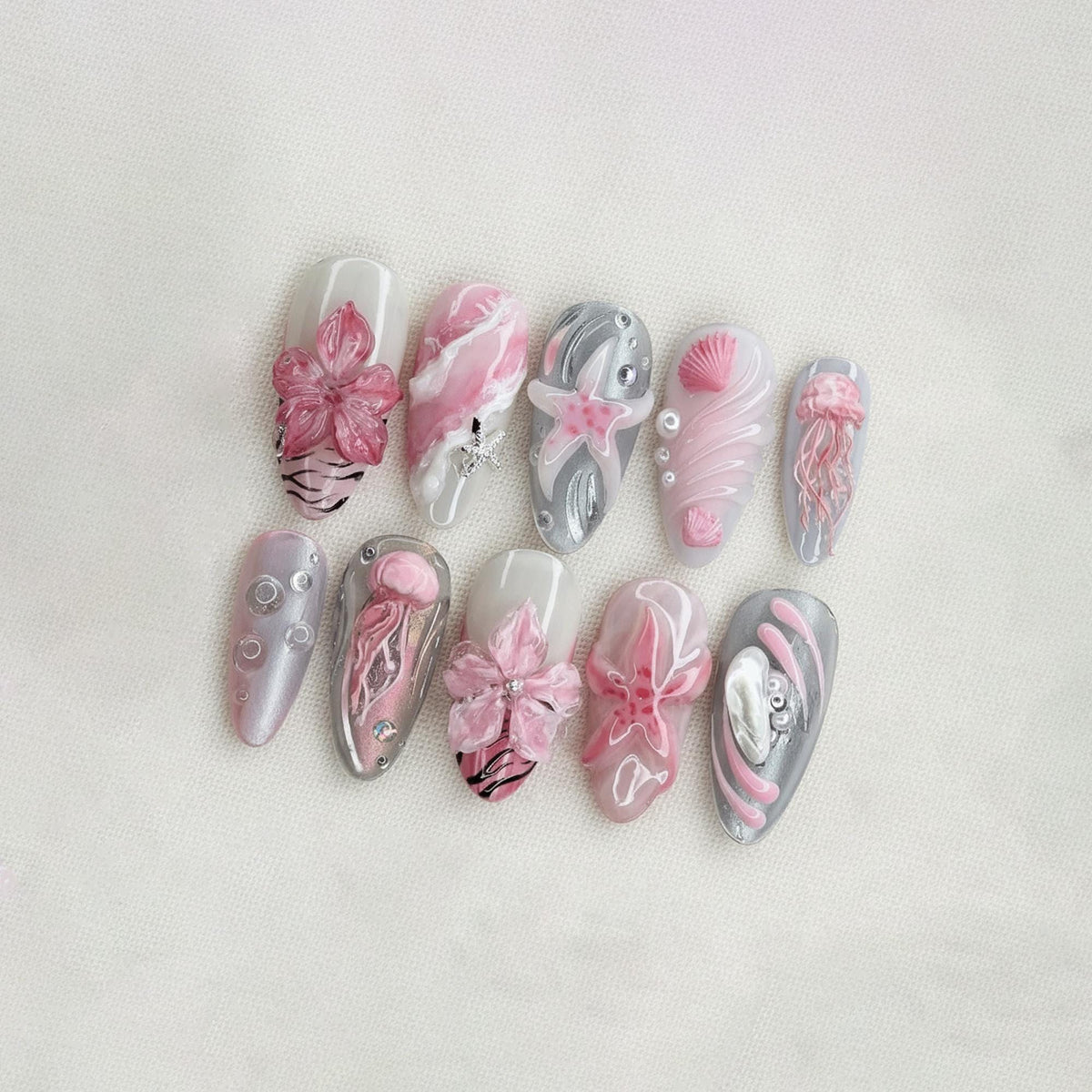 Kawaii Mermaid Summer Press On Nails, Pink Sea Creature Nails, 3D Jellyfish Gel Nails, Beach Vacation Press Ons