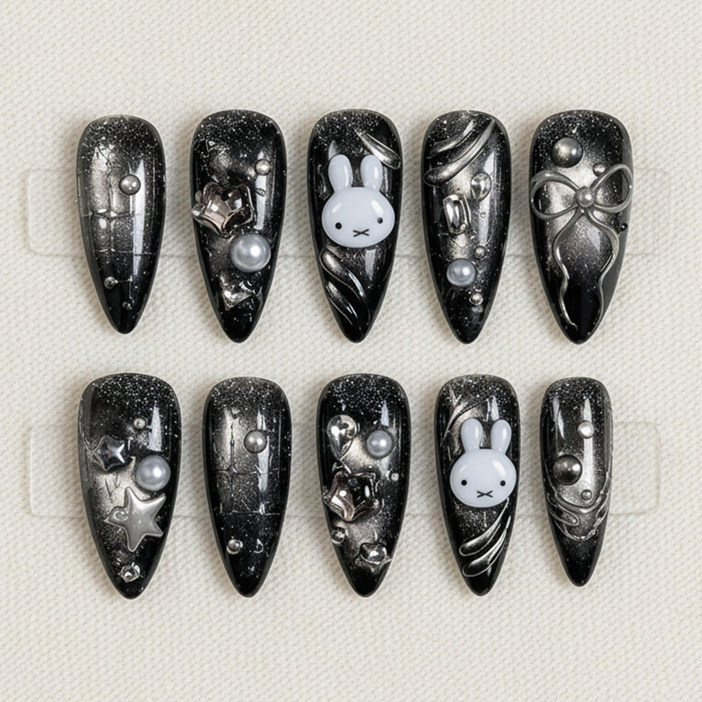 Black Kawaii Press On Nails, Cute Bunny Nail Set, Silver Cat Eye Nail Art, Handmade Y2K Gothic Nails