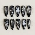 Black Kawaii Press On Nails, Cute Bunny Nail Set, Silver Cat Eye Nail Art, Handmade Y2K Gothic Nails