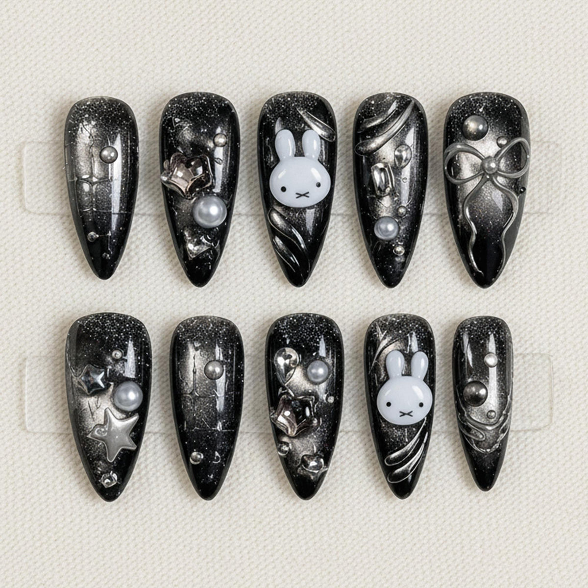Black Kawaii Press On Nails, Cute Bunny Nail Set, Silver Cat Eye Nail Art, Handmade Y2K Gothic Nails