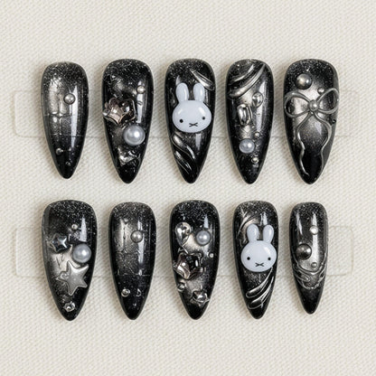 Black Kawaii Press On Nails, Cute Bunny Nail Set, Silver Cat Eye Nail Art, Handmade Y2K Gothic Nails