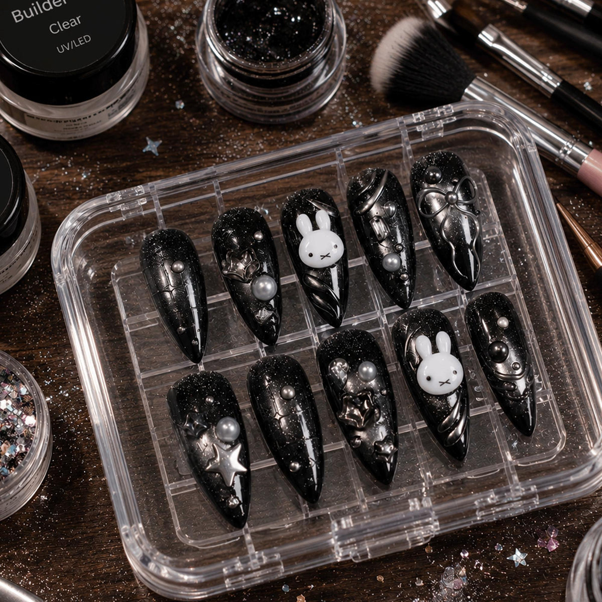 Black Kawaii Press On Nails, Cute Bunny Nail Set, Silver Cat Eye Nail Art, Handmade Y2K Gothic Nails