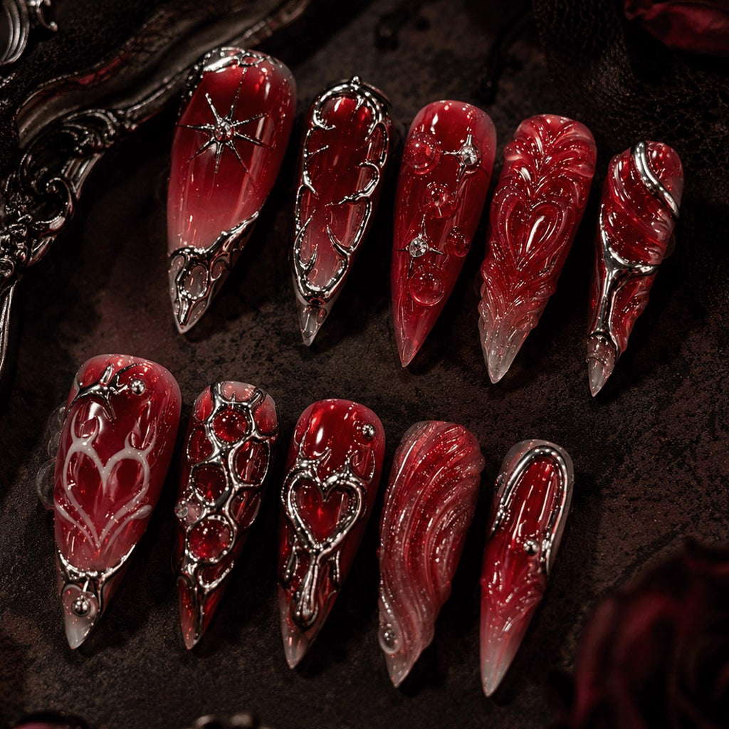 Dark Red Gothic Press On Nails, Y2K Vampire Chrome Nails, Blood Red Aura Nails, Cyber Heart Stiletto Nails, Handmade Alternative Nails