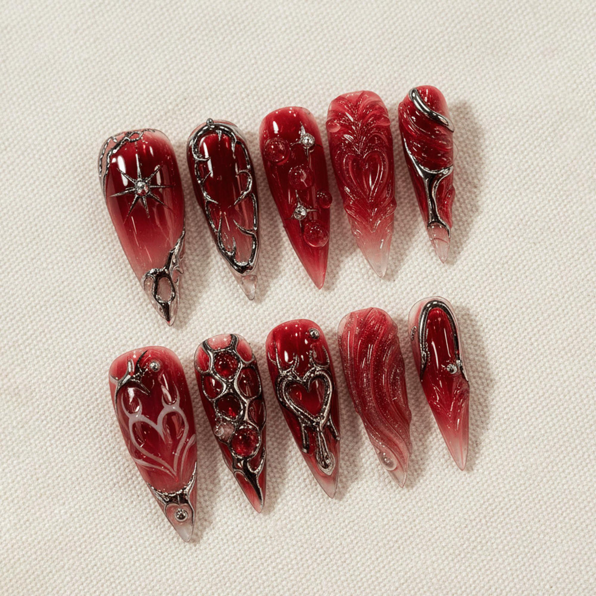 Dark Red Gothic Press On Nails, Y2K Vampire Chrome Nails, Blood Red Aura Nails, Cyber Heart Stiletto Nails, Handmade Alternative Nails
