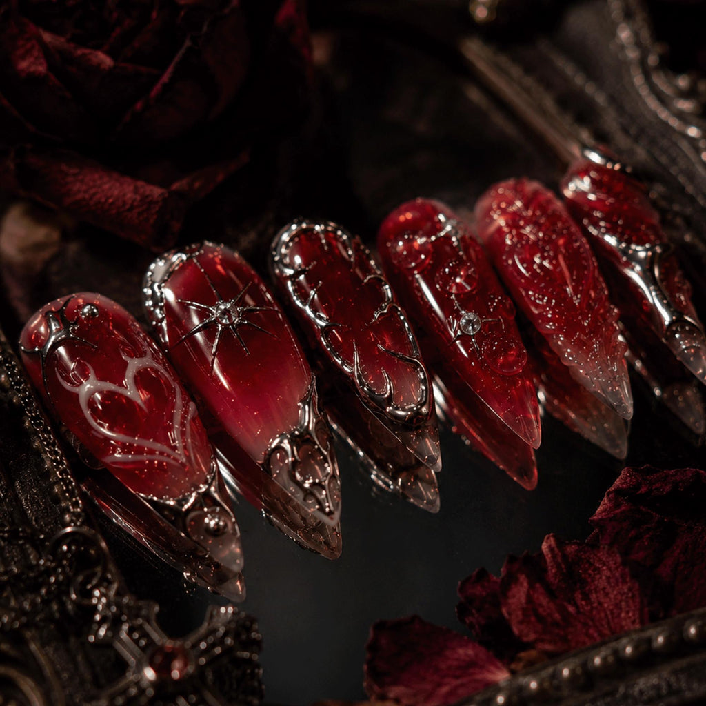 Dark Red Gothic Press On Nails, Y2K Vampire Chrome Nails, Blood Red Aura Nails, Cyber Heart Stiletto Nails, Handmade Alternative Nails