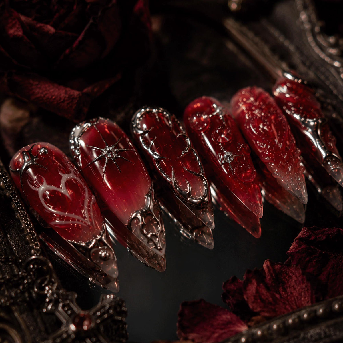Dark Red Gothic Press On Nails, Y2K Vampire Chrome Nails, Blood Red Aura Nails, Cyber Heart Stiletto Nails, Handmade Alternative Nails
