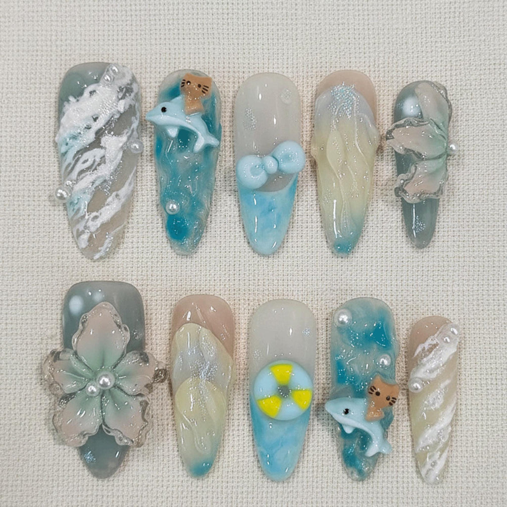 Summer Ocean Press On Nails, 3D Cute Dolphin Nails, Tropical Beach Nail Set, Handmade Blue Fake Nails