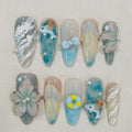 Summer Ocean Press On Nails, 3D Cute Dolphin Nails, Tropical Beach Nail Set, Handmade Blue Fake Nails