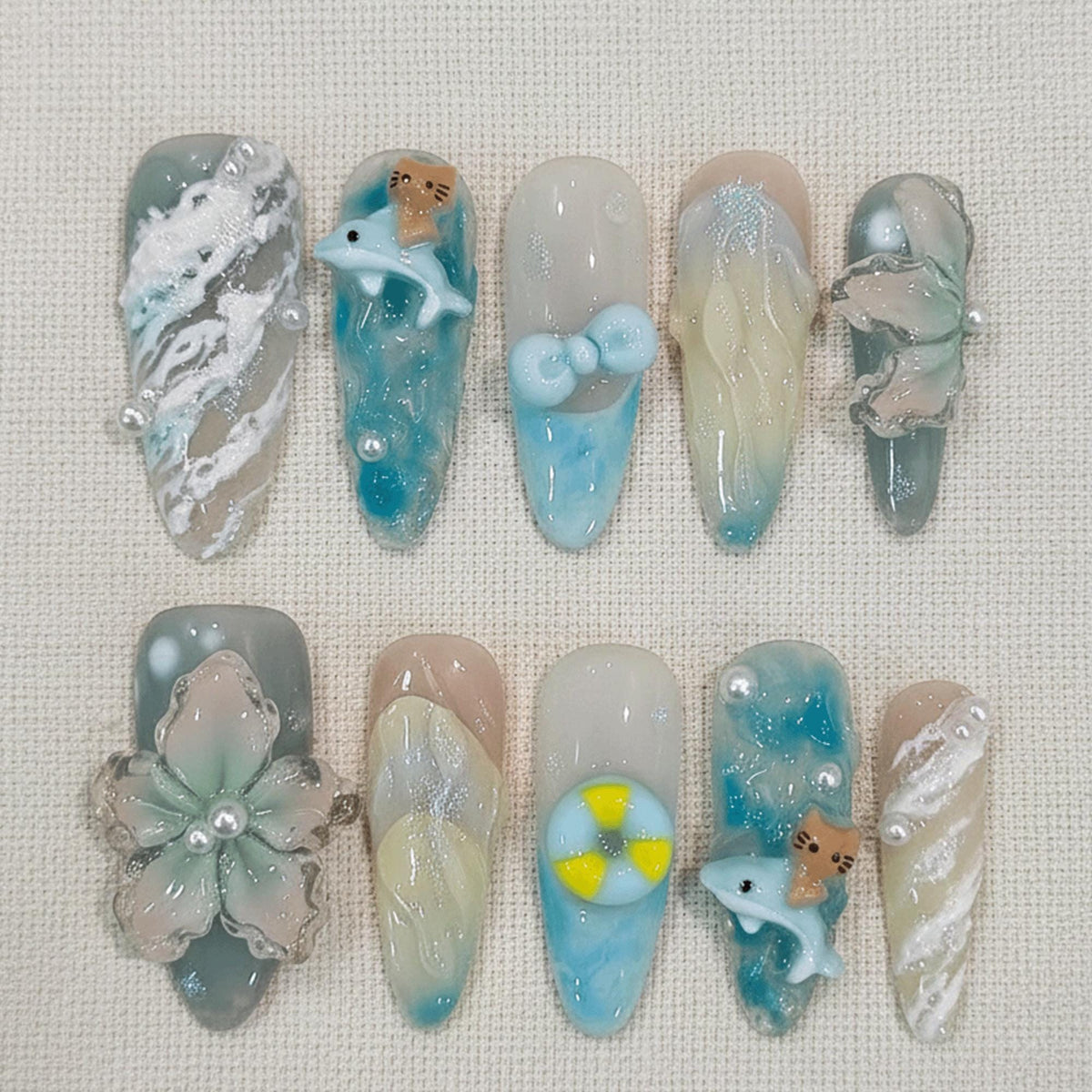 Summer Ocean Press On Nails, 3D Cute Dolphin Nails, Tropical Beach Nail Set, Handmade Blue Fake Nails