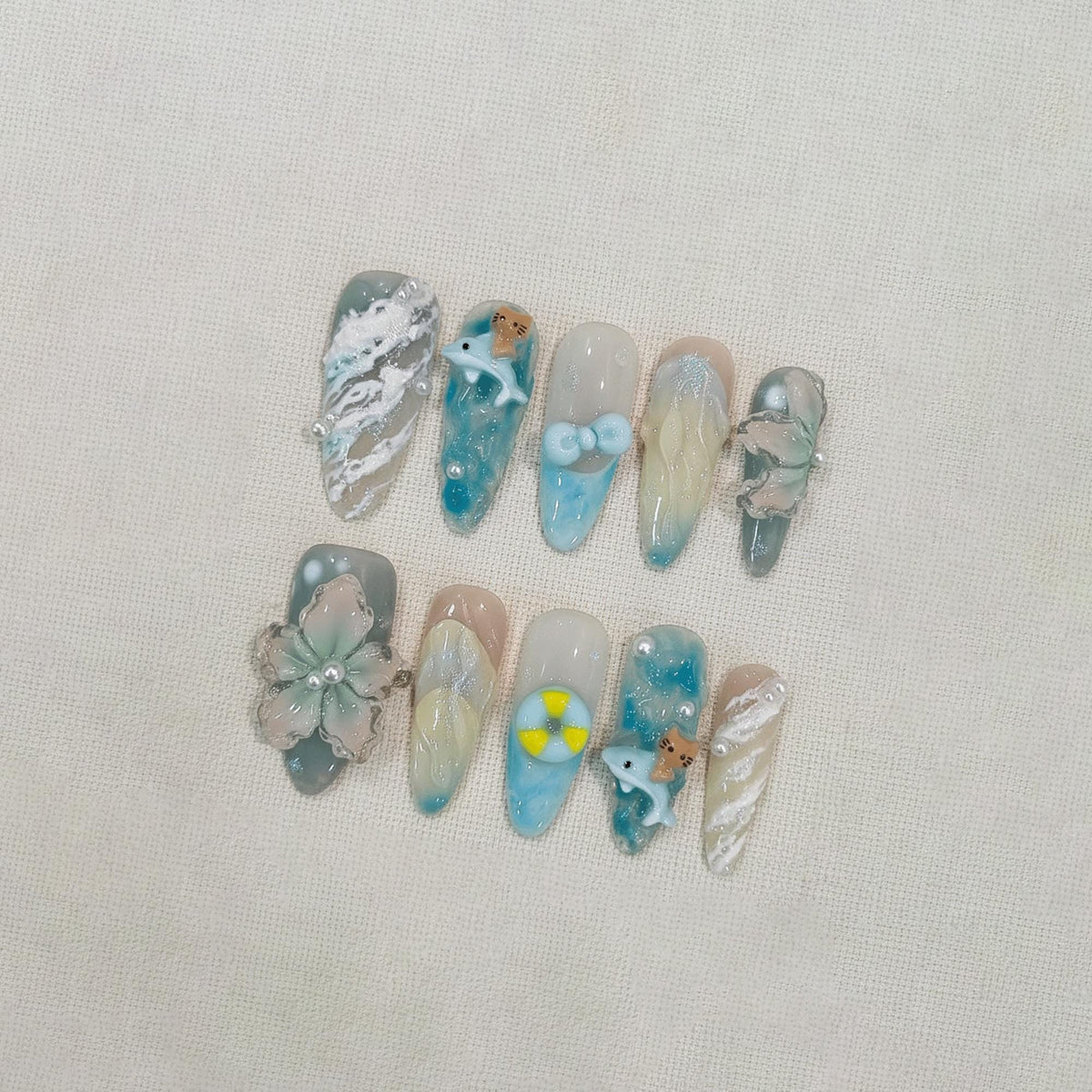 Summer Ocean Press On Nails, 3D Cute Dolphin Nails, Tropical Beach Nail Set, Handmade Blue Fake Nails