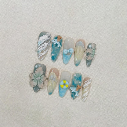 Summer Ocean Press On Nails, 3D Cute Dolphin Nails, Tropical Beach Nail Set, Handmade Blue Fake Nails