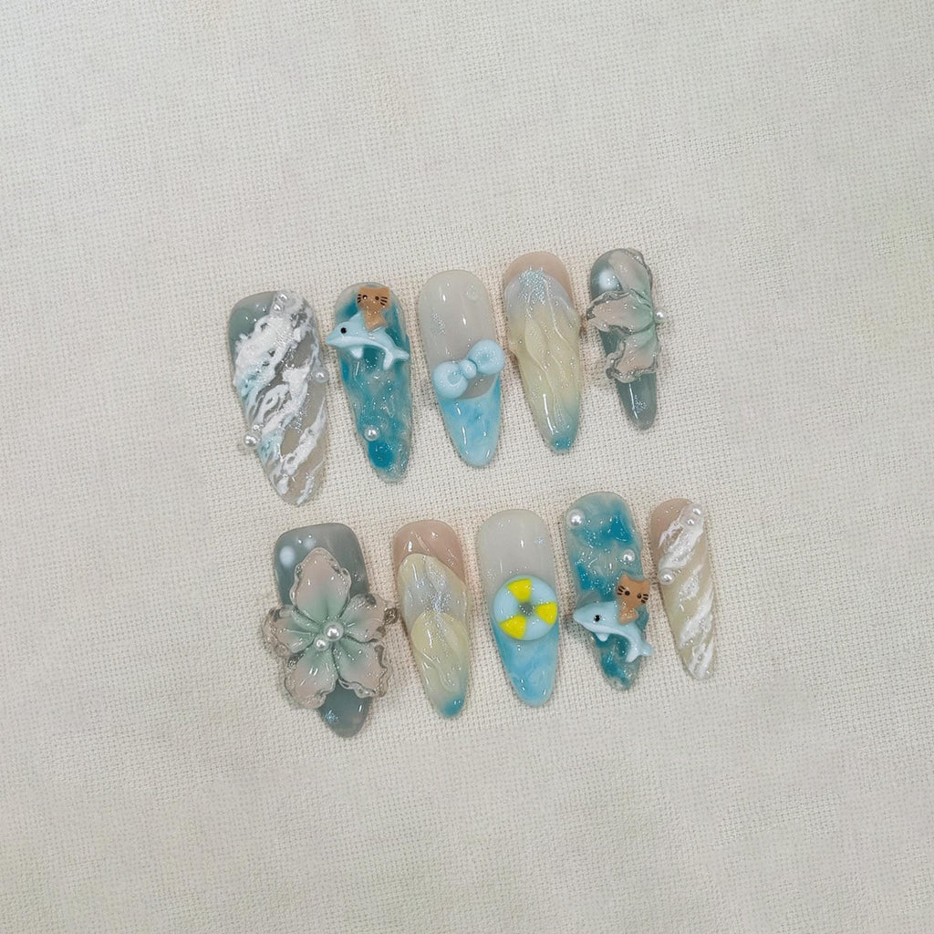 Summer Ocean Press On Nails, 3D Cute Dolphin Nails, Tropical Beach Nail Set, Handmade Blue Fake Nails
