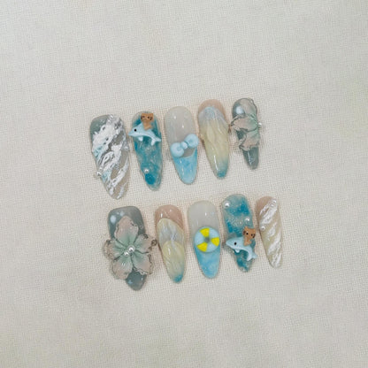 Summer Ocean Press On Nails, 3D Cute Dolphin Nails, Tropical Beach Nail Set, Handmade Blue Fake Nails