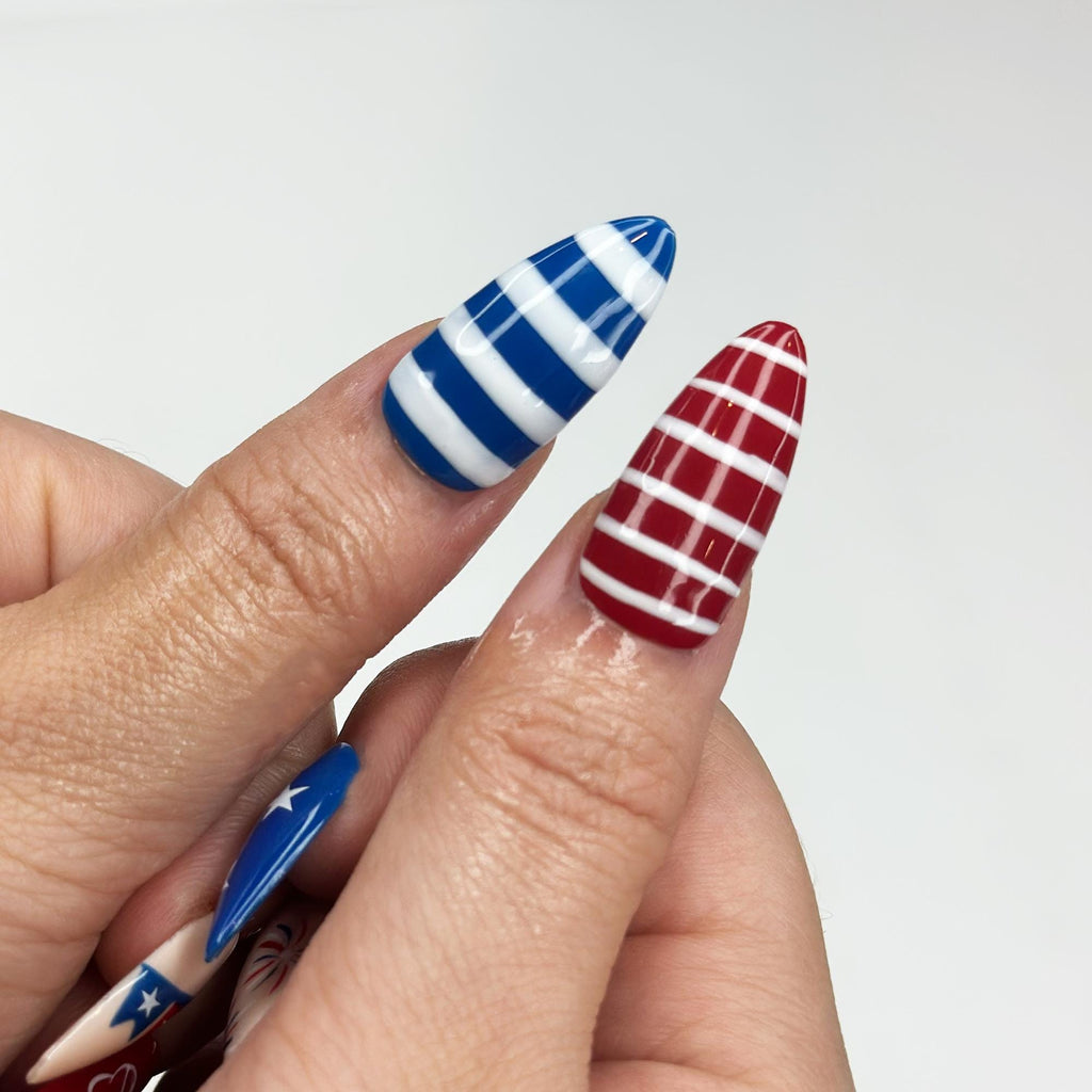 4th of July Press On Nails | Handpainted Patriotic USA Flag Almond Nails | JB398LK