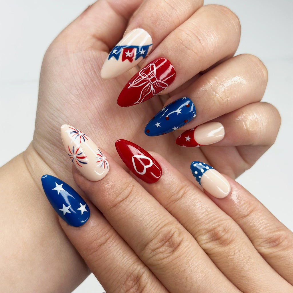 4th of July Press On Nails | Handpainted Patriotic USA Flag Almond Nails | JB398LK
