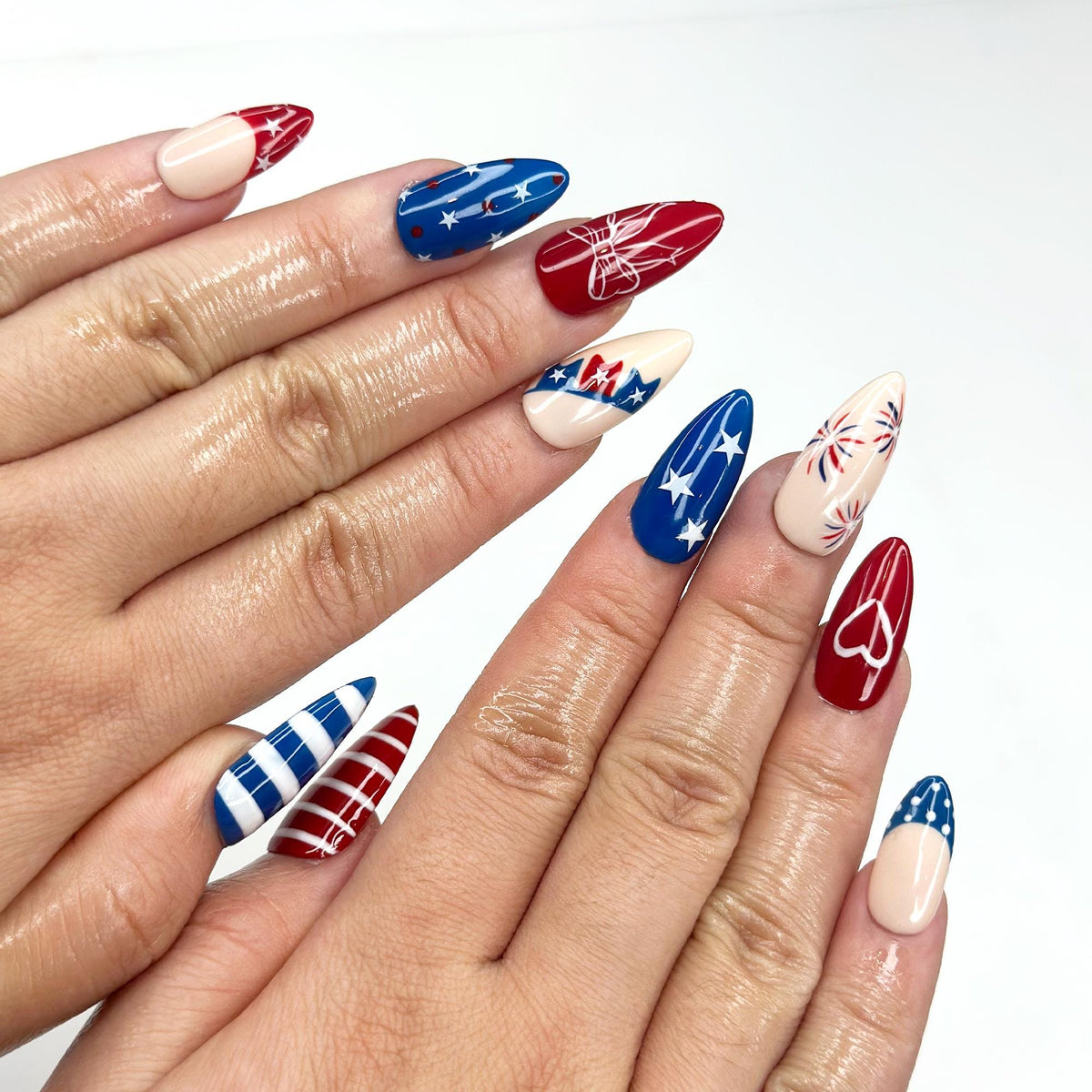 4th of July Press On Nails | Handpainted Patriotic USA Flag Almond Nails | JB398LK