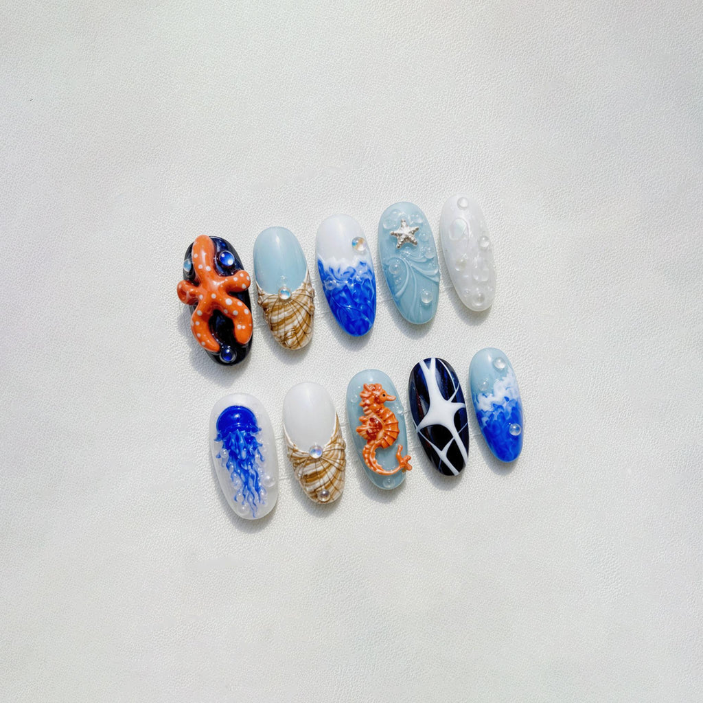 Beach Vacation Press On Nails, Ocean Theme Nails, Mermaidcore Nail Set, 3D Seahorse Jellyfish Nails, Summer Nails Handmade