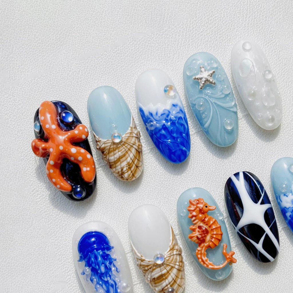Beach Vacation Press On Nails, Ocean Theme Nails, Mermaidcore Nail Set, 3D Seahorse Jellyfish Nails, Summer Nails Handmade