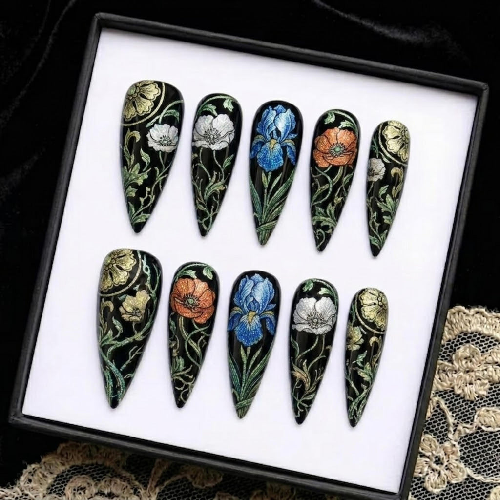 Embroidered Floral Press On Nails | Gothic Vintage Stiletto Nails | Iris, Poppy, Vine & Lace Pattern Nail | Dark Botanical Nail Art