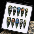 Embroidered Floral Press On Nails | Gothic Vintage Stiletto Nails | Iris, Poppy, Vine & Lace Pattern Nail | Dark Botanical Nail Art