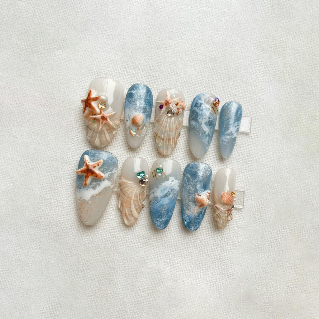 Summer Ocean Press On Nails, Mermaid Beach Nails, 3D Starfish Shell Nails, Coastal Aesthetic